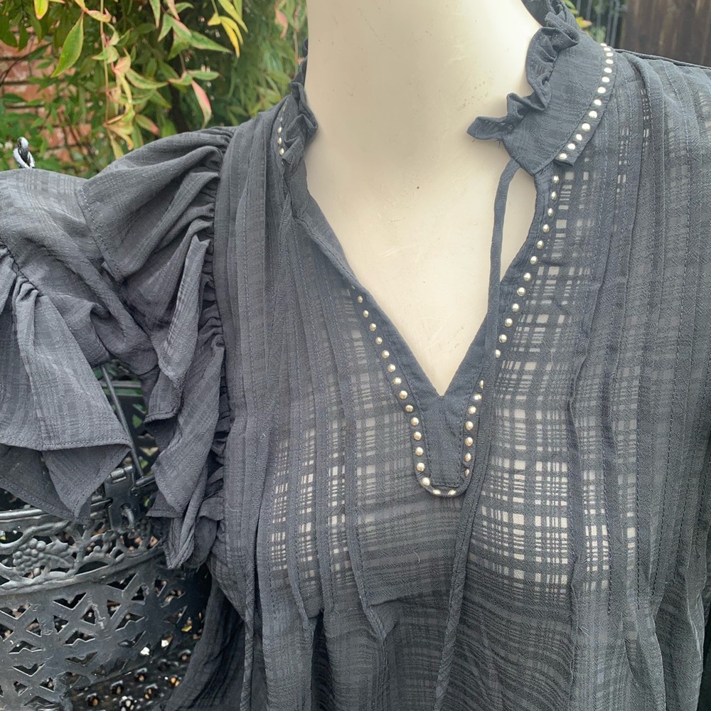 Free Generation ruffle front pirate black chiffon style sheer blouse top - Picture 9 of 15